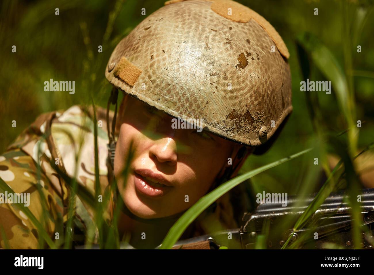 Military Lady Woman in Tactical Gear Posing for Photo in Forest