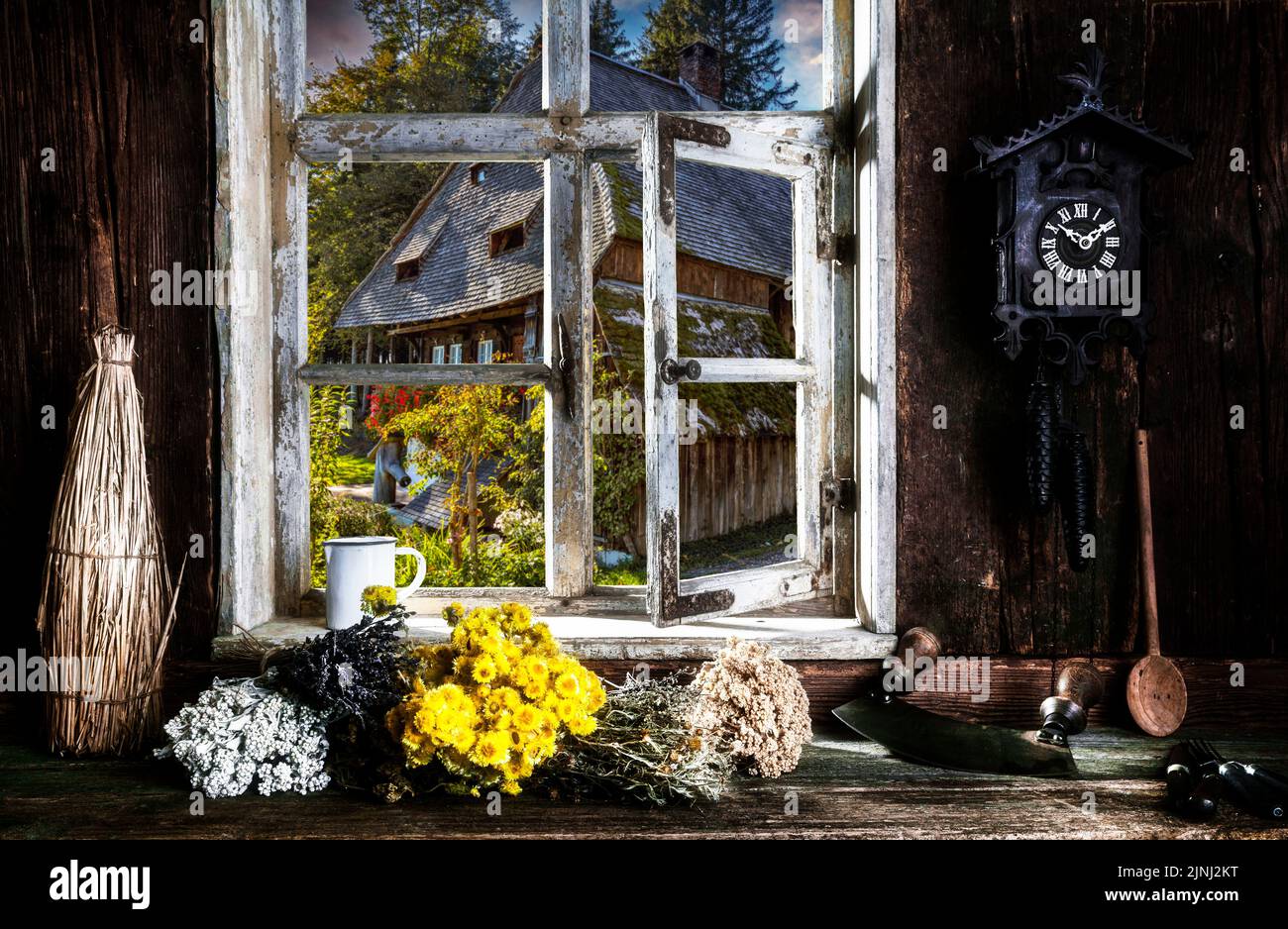 rustikale Bauernküche mit Kräuter und Blick aus dem Fenster auf ein Bauernhaus Stock Photo