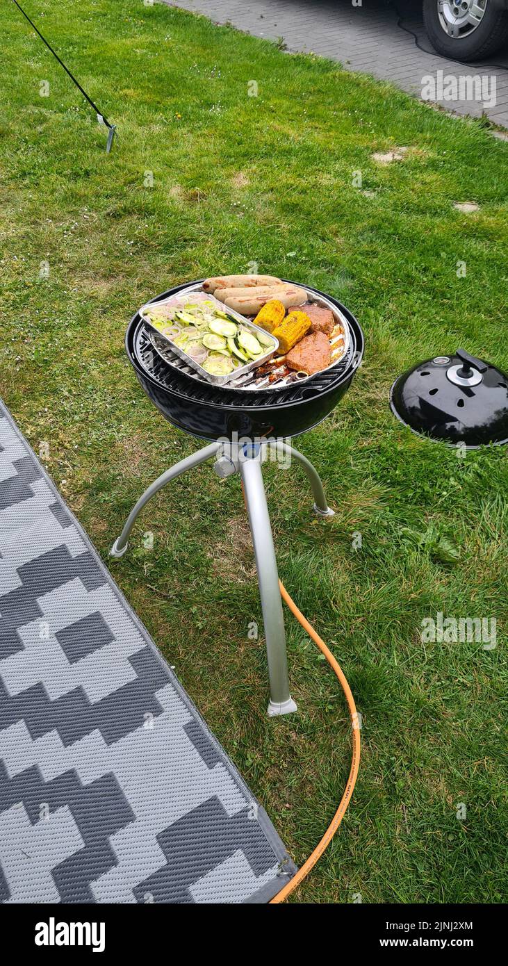 Barbecue at the campground at summer camp trips, skewers of pork and