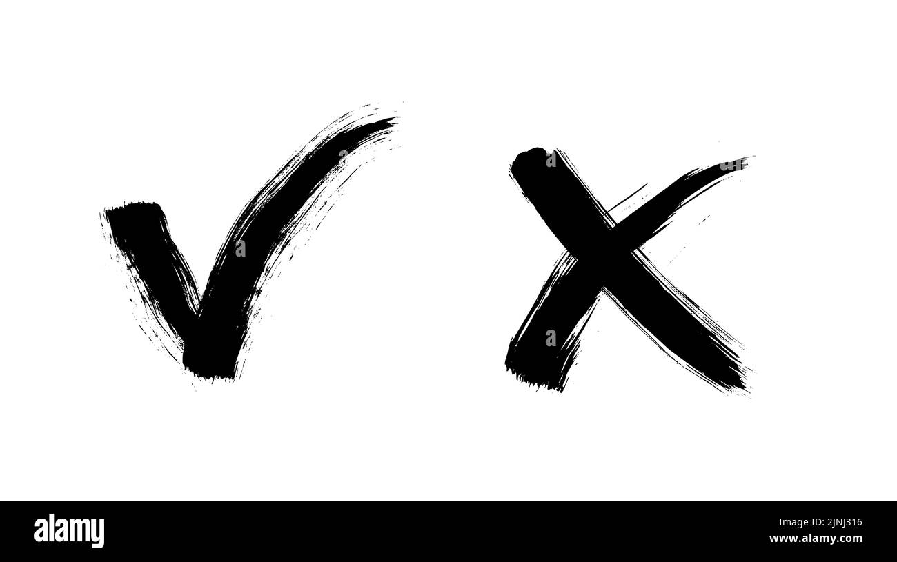 Brush painted yes and no checkmarks. Black and white check and cross ...