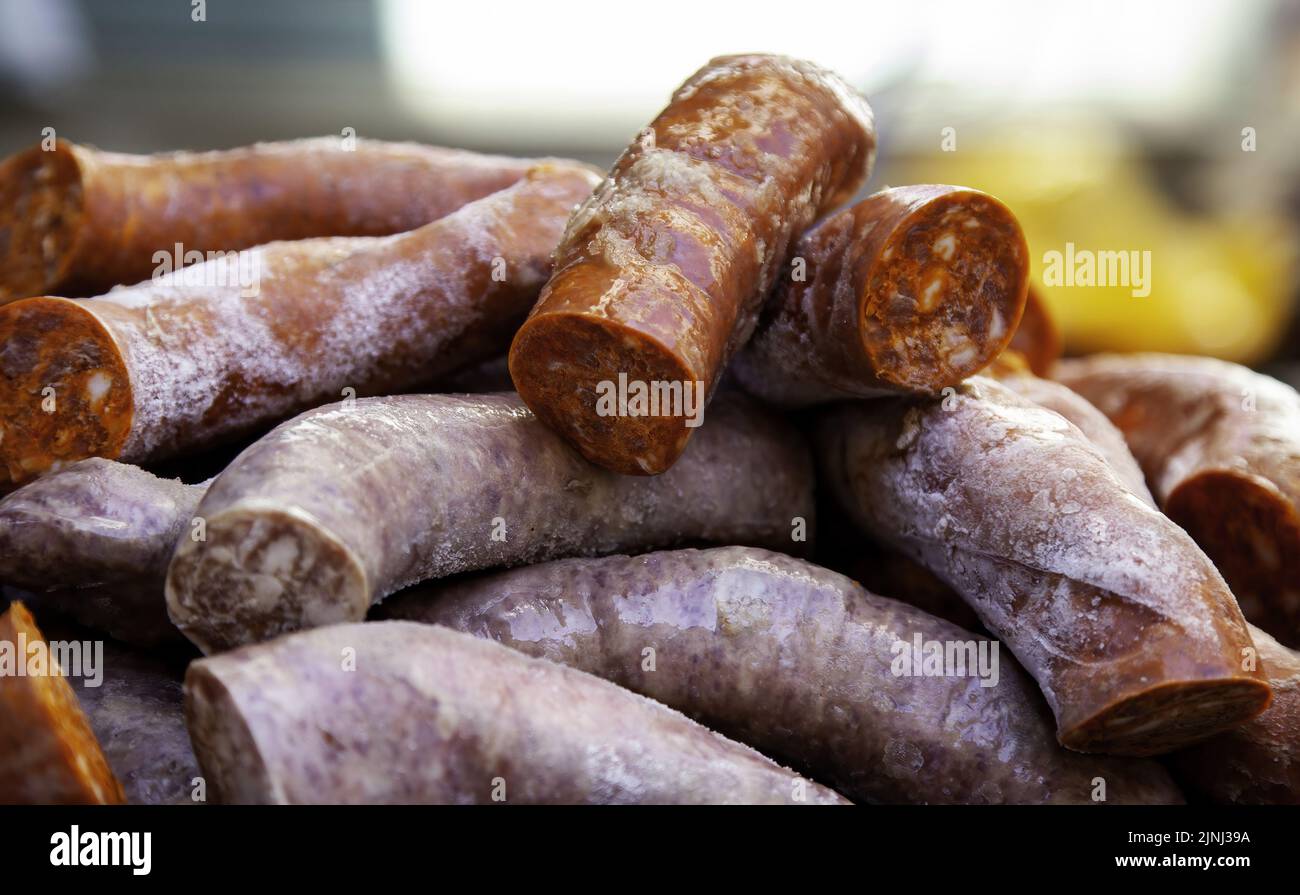 Detail of sausage meat, unhealthy and greasy food, pork Stock Photo