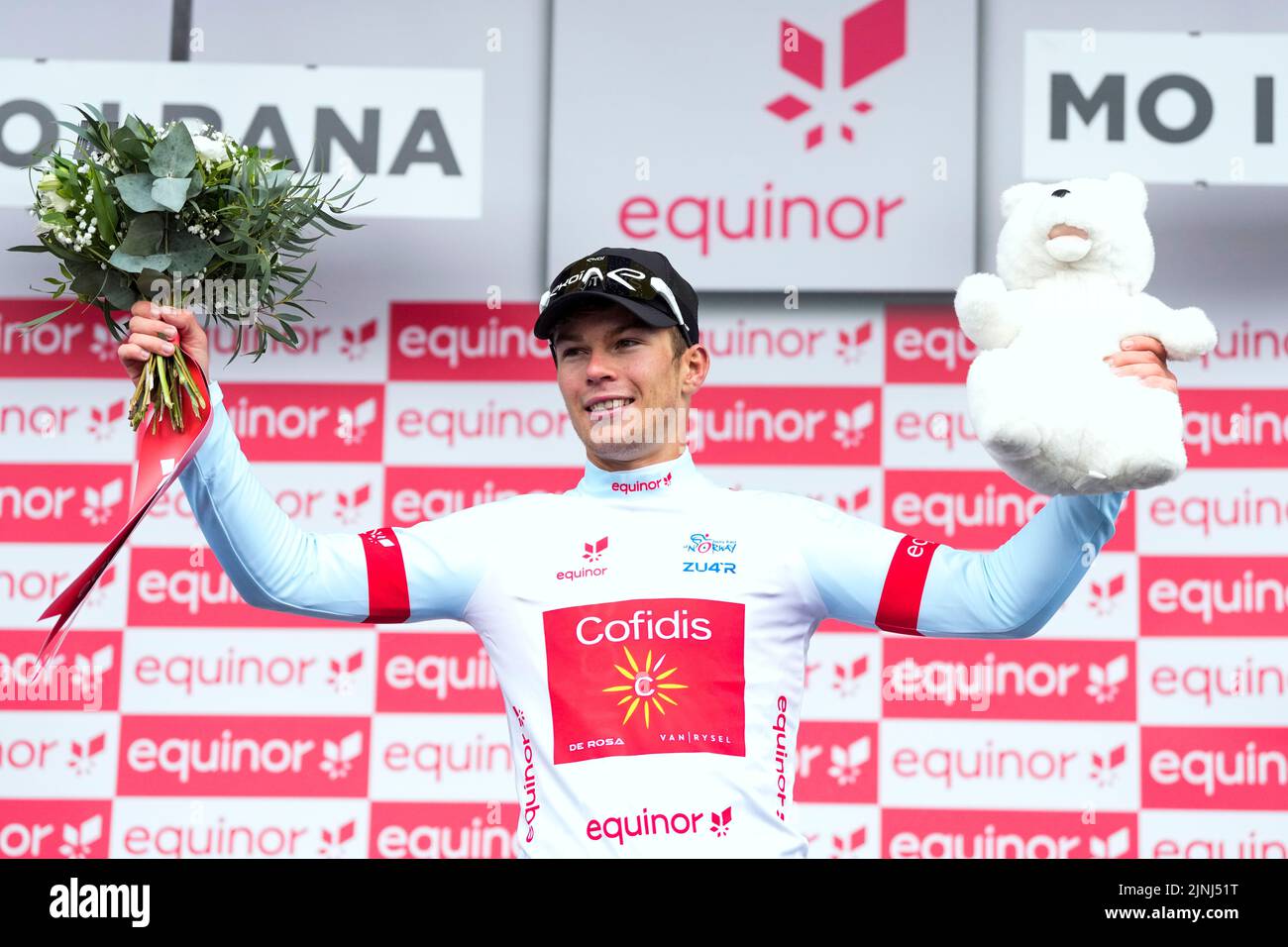 Mo I Rana 20220811.Axel Zingle from Cofidis on the podium after winning the first stage of the Arctic Race of Norway in Mo i Rana on Thursday. Photo: Beate Oma Dahle / NTB Stock Photo