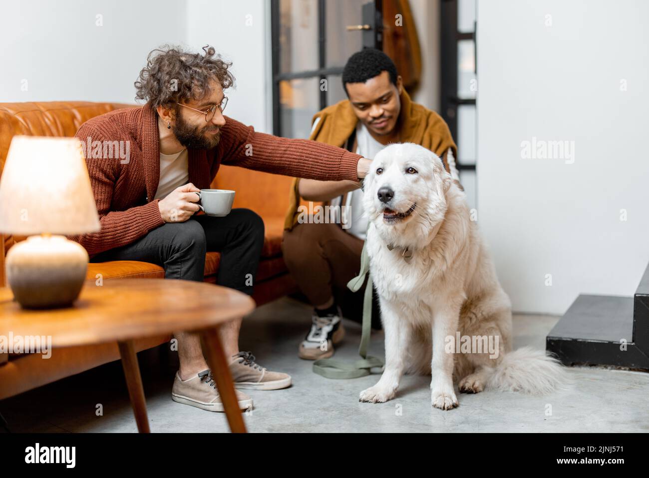 Men care their huge white dog at cozy home. Concept of homosexual relations and lifestyle at home. Idea of multinational gay families Stock Photo