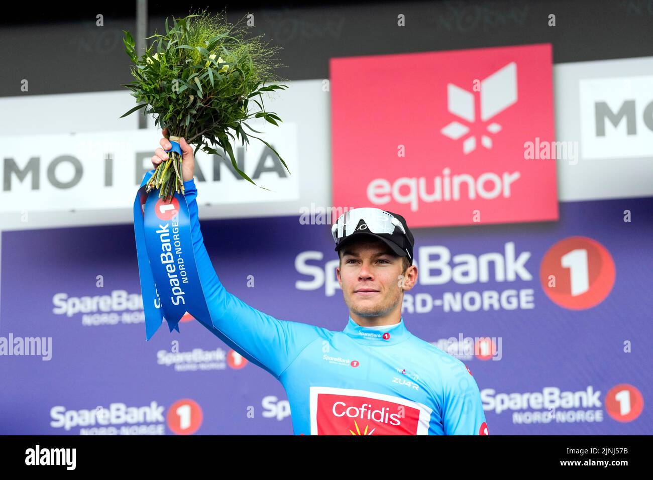 Mo I Rana 20220811.Axel Zingle from Cofidis on the podium after winning the first stage of the Arctic Race of Norway in Mo i Rana on Thursday. Photo: Beate Oma Dahle / NTB Stock Photo