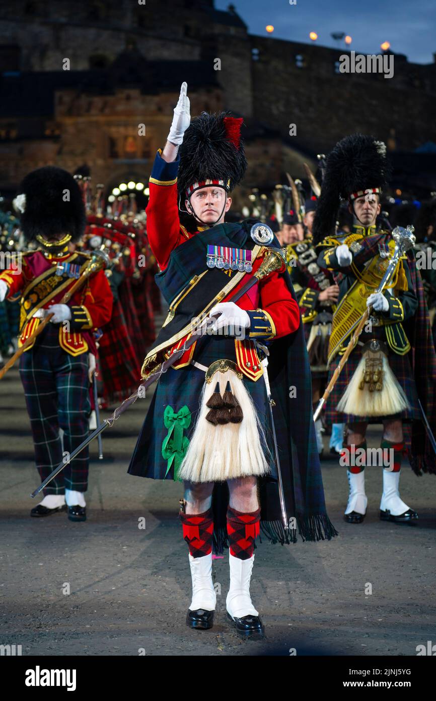 Massed pipes and drums at The Royal Edinburgh Military Tattoo 2022 on esplanade of Edinburgh Castle ,Scotland, UK Stock Photo