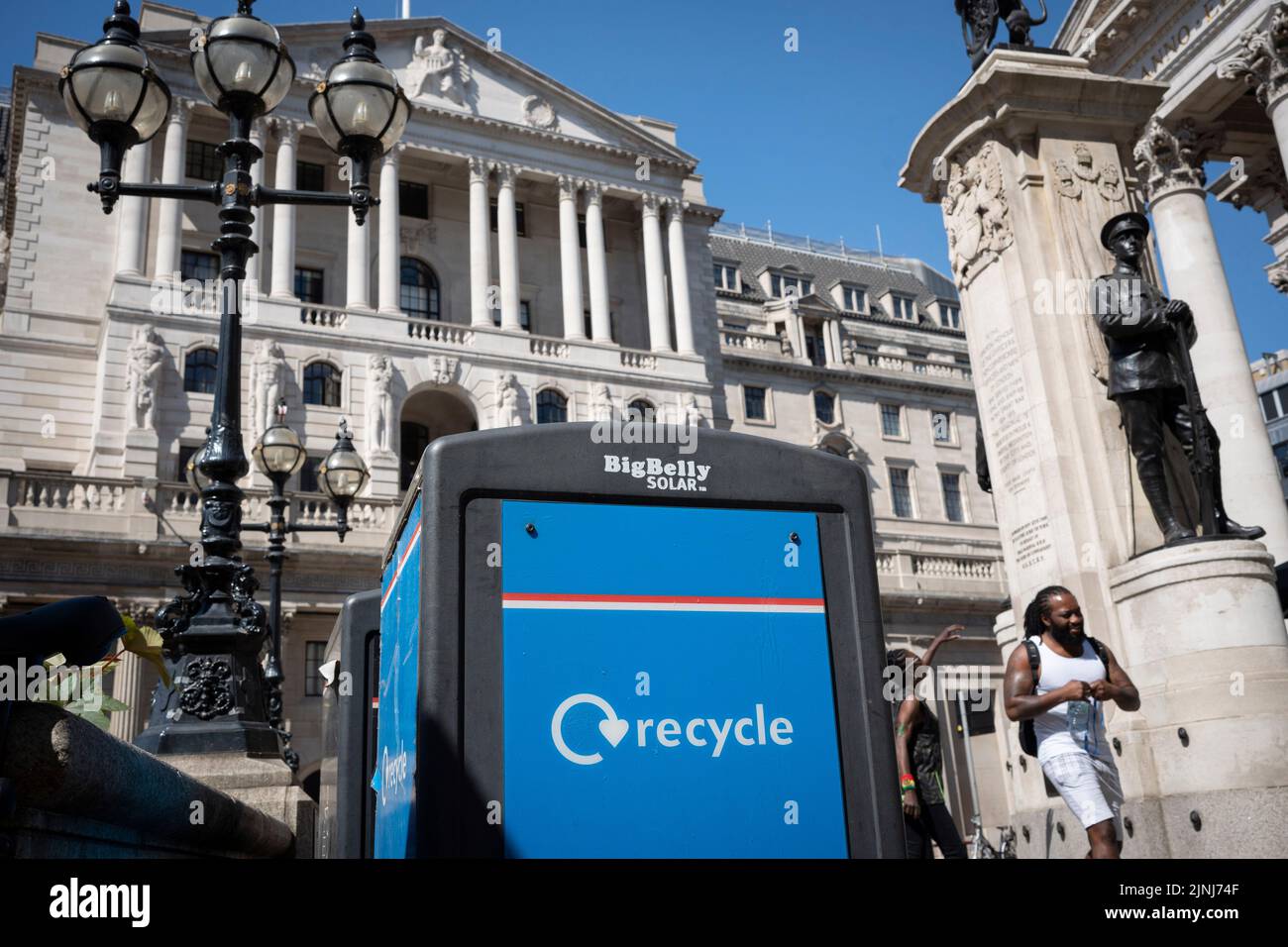 A recycling bin is located outside the Bank of England during the August heatwave in the City of London, the capital's financial district, on 11th August 2022, in London, England. Stock Photo