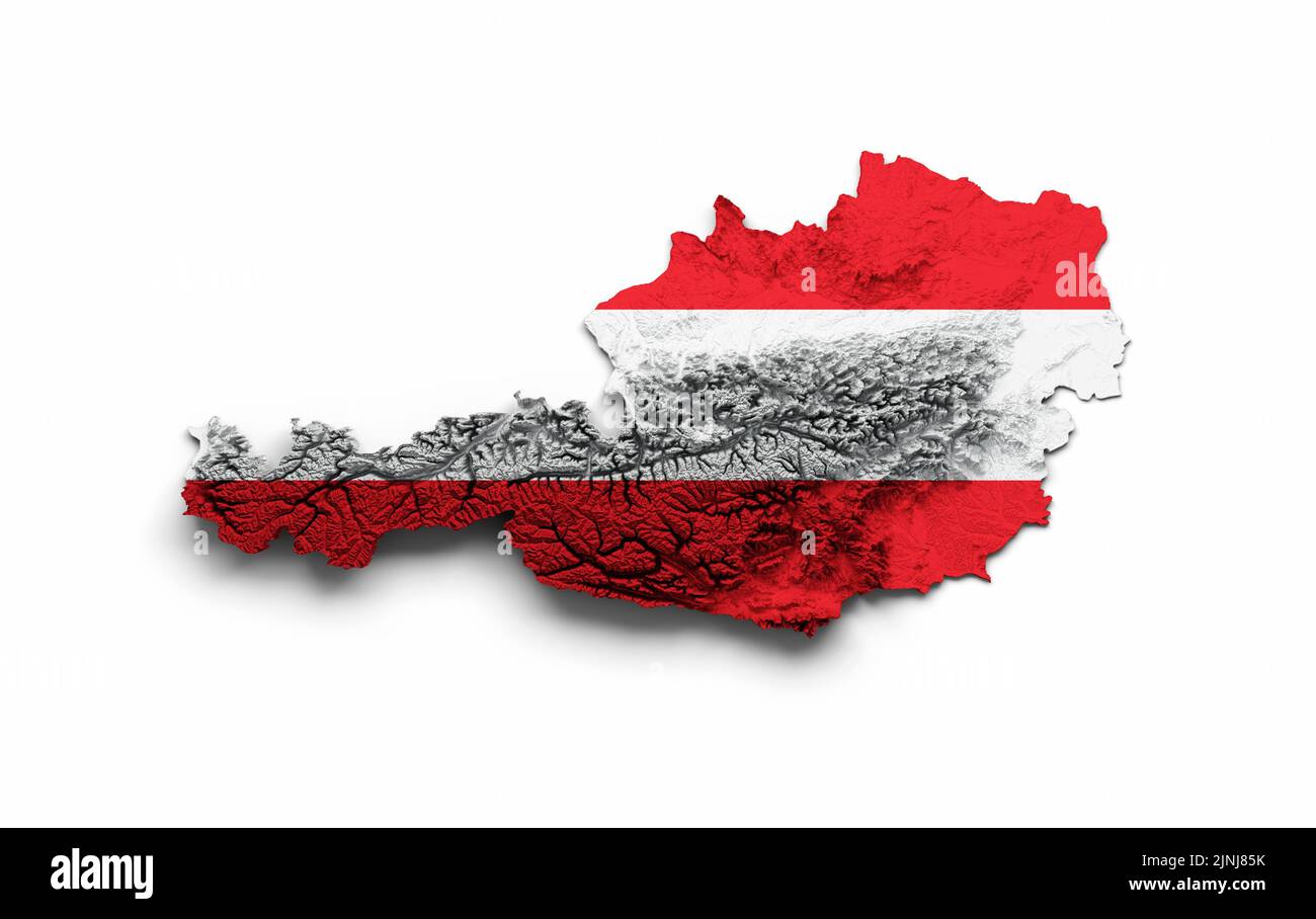 A 3D rendering of the Austrian Map with Iceland Flag Shaded relief on a ...