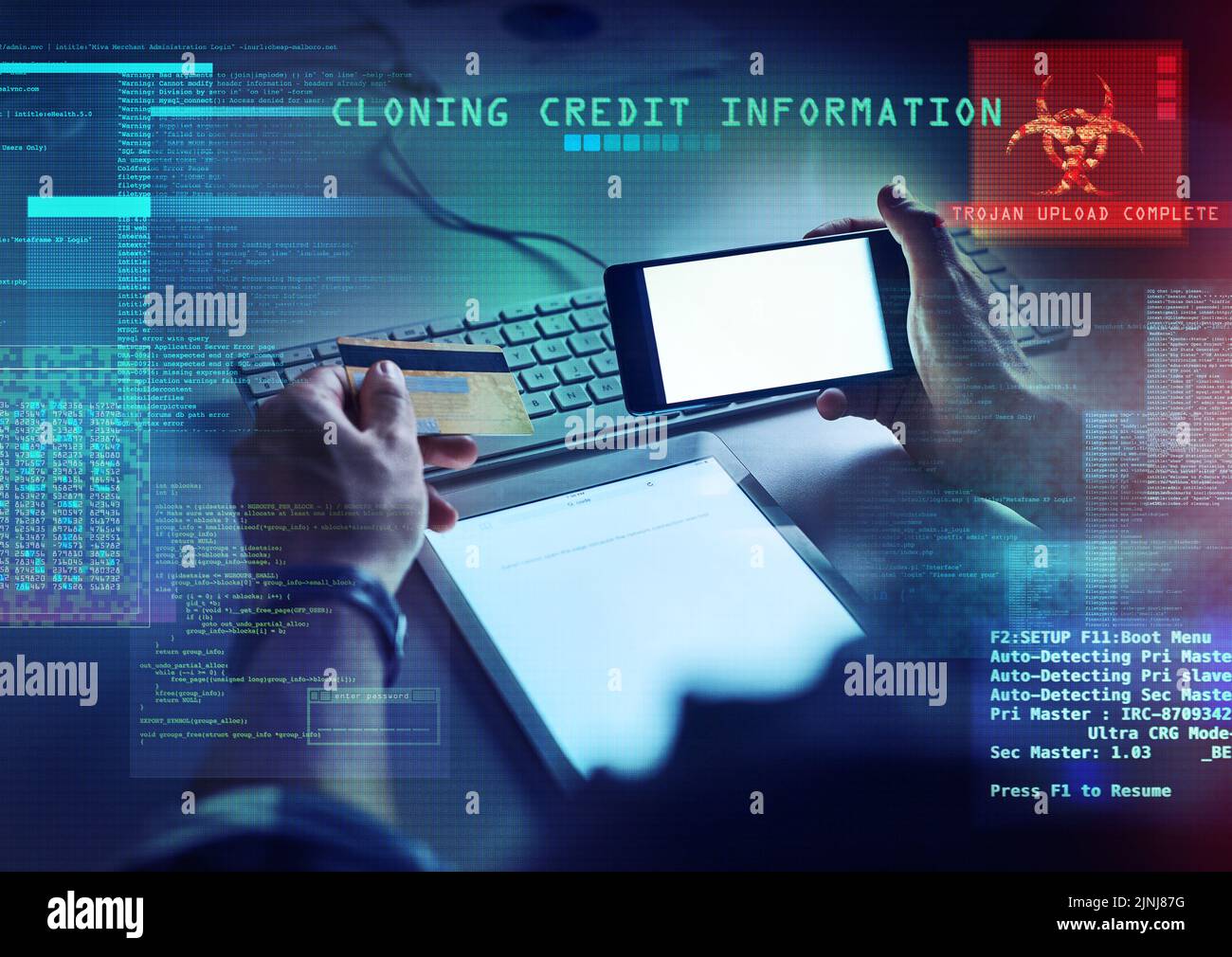 Cyber security, hacking and credit card fraud with cgi, special effects and digital overlay of the hands of a man cloning a bank account and stealing Stock Photo