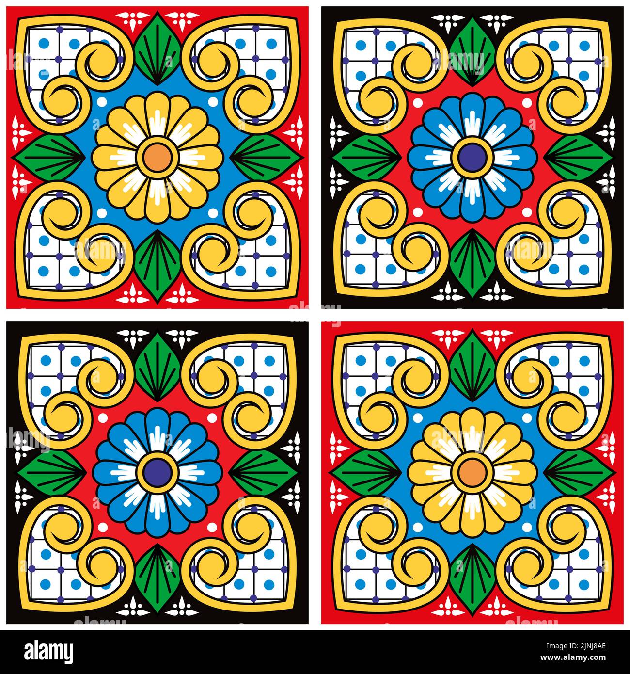 Ceramic talavera tile vector seamless pattern with flowers and leaves, repetitive design styled as Mexican ornamental tiles Stock Vector