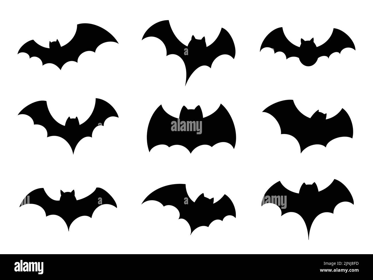 Halloween bat icon set. Bat silhouettes flying on white background. Stock Vector