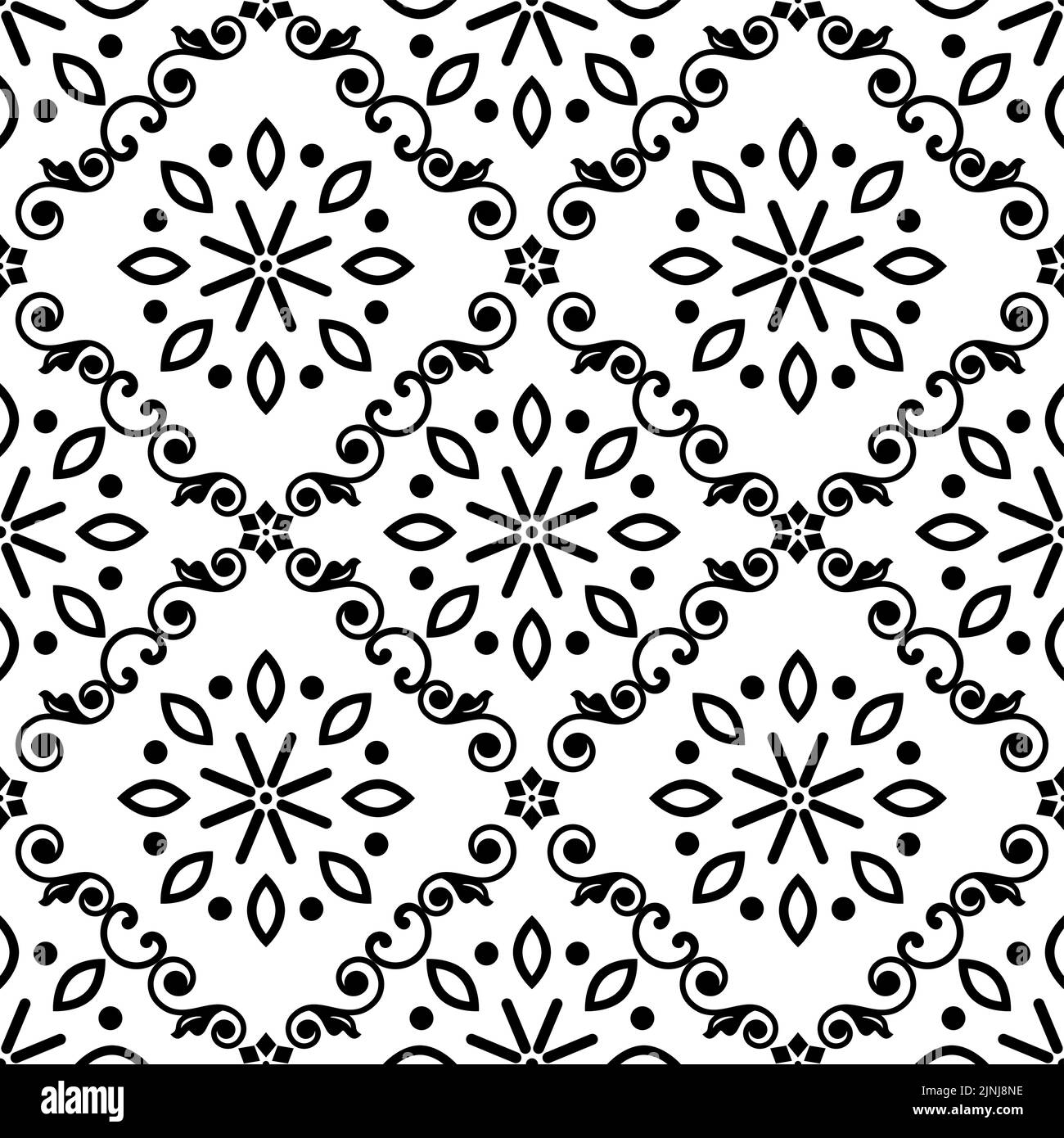 Lisbon style Azulejo tile seamless vector in black with flowers and leaves, repetitive design inspired by art from Portugal Stock Vector