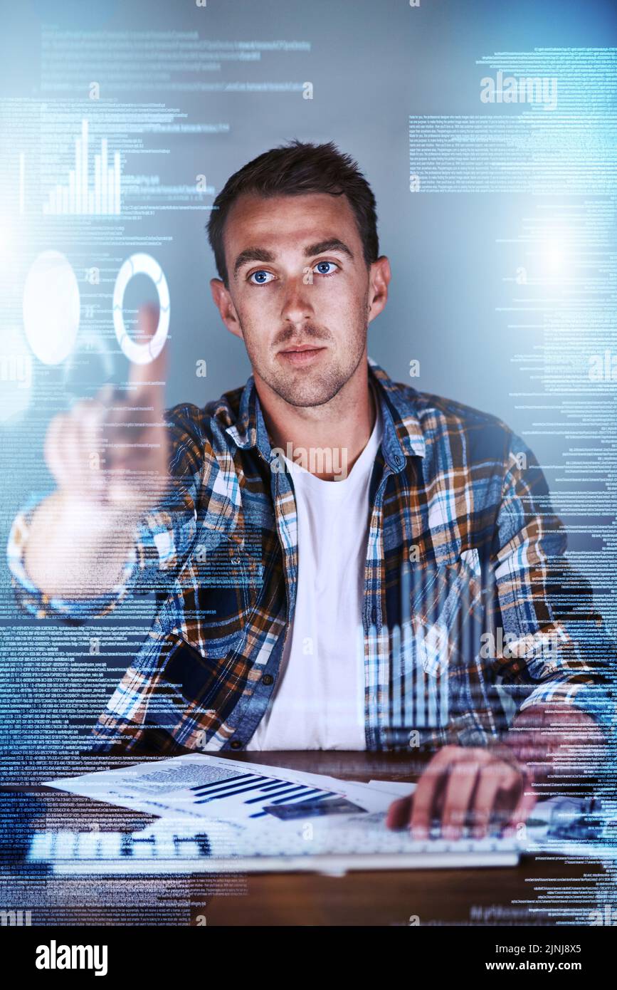 Professional it computer employee working on a cgi screen, planning with graphics and looking at data while sitting in an office at work. One coding Stock Photo