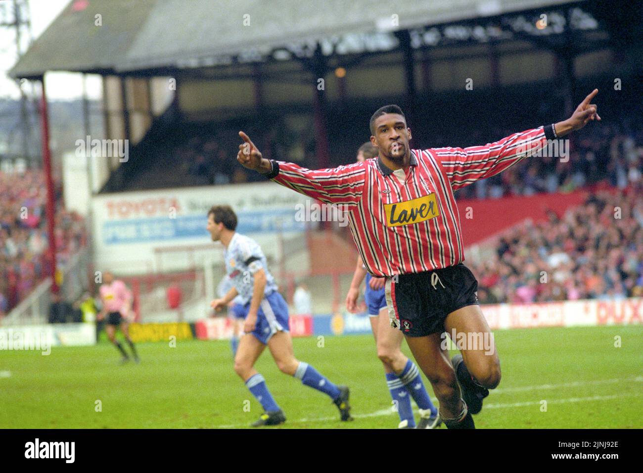 File photo dated 14-03-1992 of Brian Deane of Sheffield United. Brian Deane scored the very first Premier League goal, when his header put Sheffield United in front in the fifth minute of their match against Manchester United at Bramall Lane on August 15, 1992. Issue date: Friday August 12, 2022. Stock Photo
