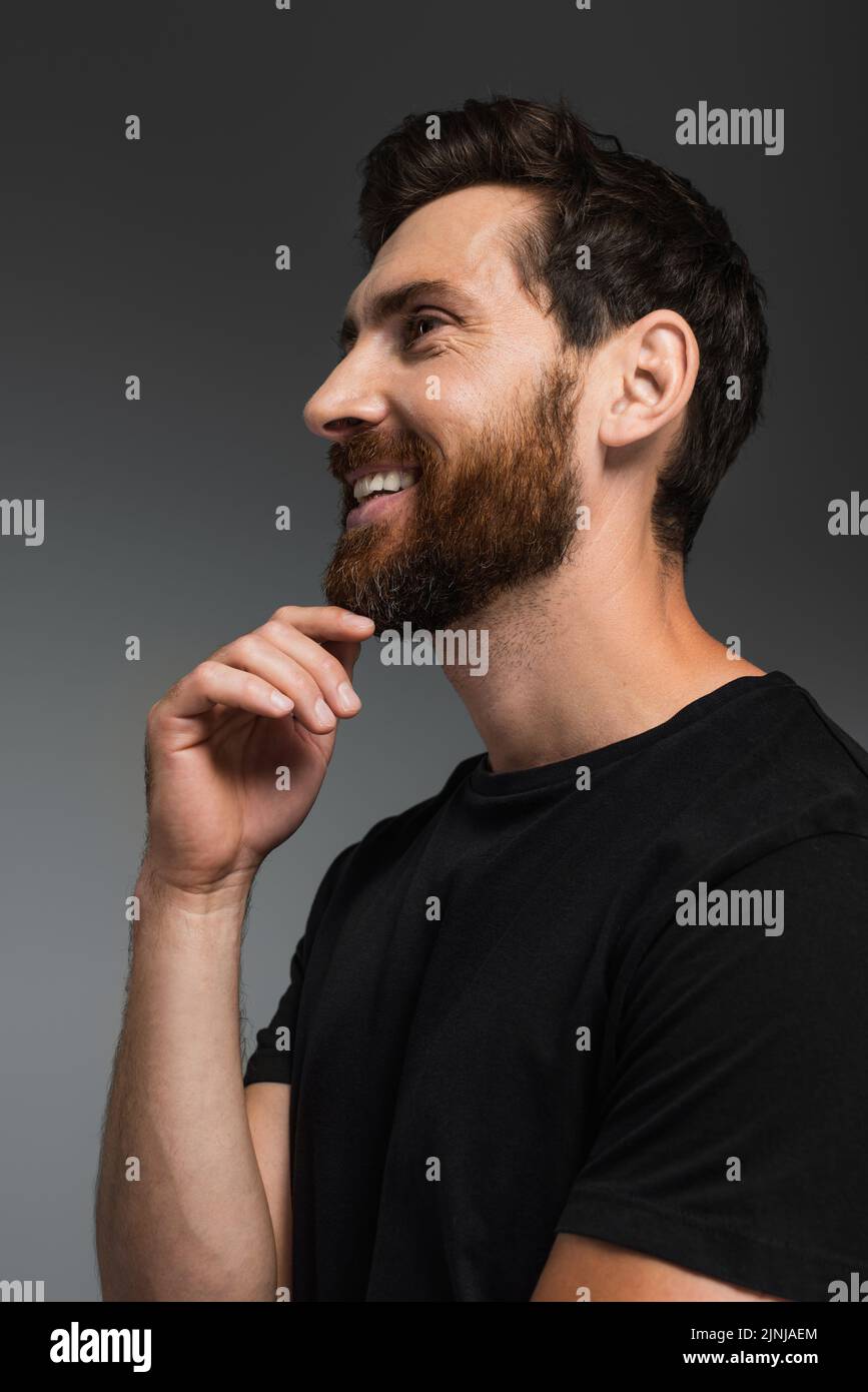 portrait of happy man with beard in black t-shirt smiling isolated on grey,stock image Stock Photo