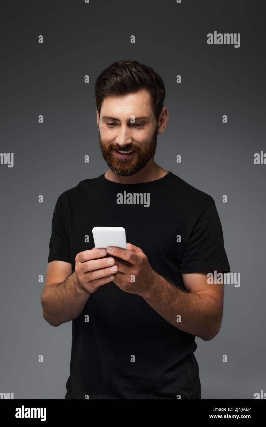 happy bearded man in black t-shirt messaging on smartphone isolated on grey,stock image Stock Photo