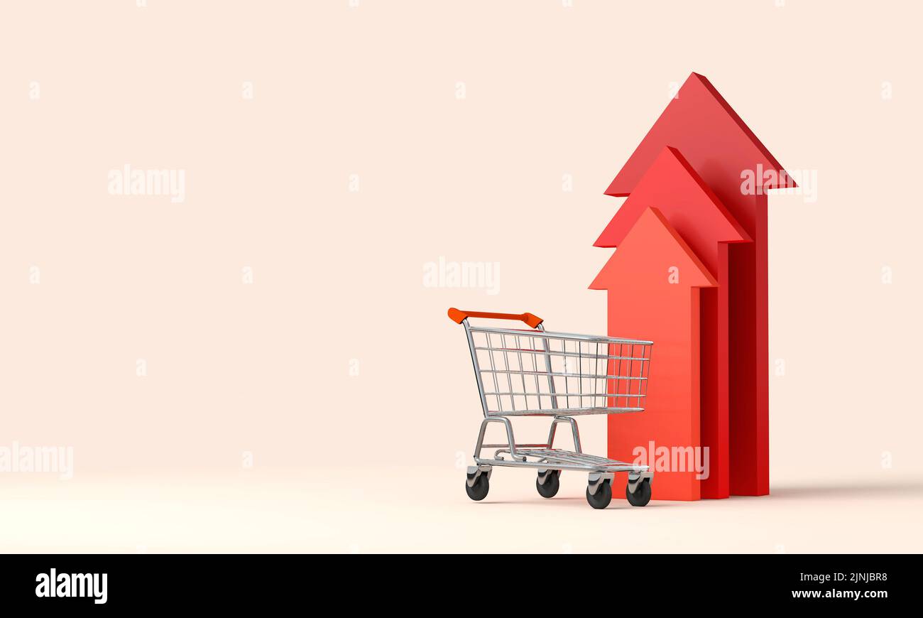 Shopping cart trolly with red inflation arrow. Cost of living crisis. Price of food shopping. 3D Rendering Stock Photo