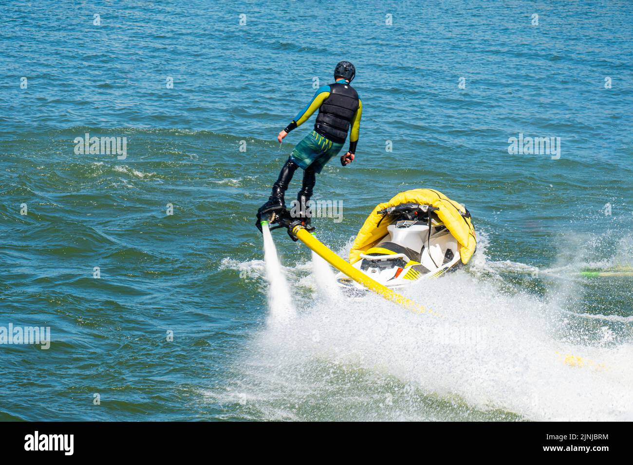 Fly board show at the port. Extreme sport Stock Photo