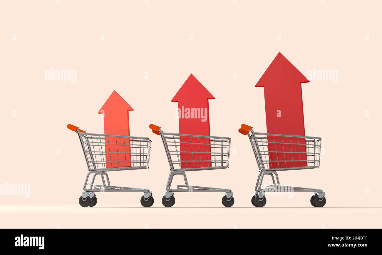 Shopping cart trolly with red inflation arrow. Cost of living crisis. Price of food shopping. 3D Rendering Stock Photo