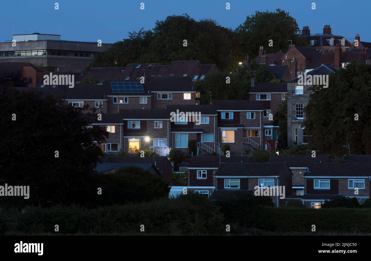 Houses at dusk in summer, Warwick town centre, Warwickshire, UK Stock Photo