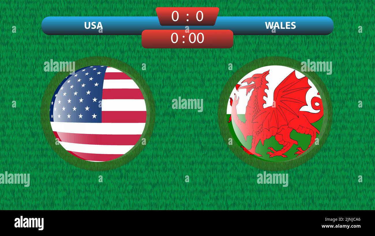 USA vs Wales scoreboard template for soccer tournament 2022 in Qatar. Group A match. Vector illustration. Sport template. Stock Vector
