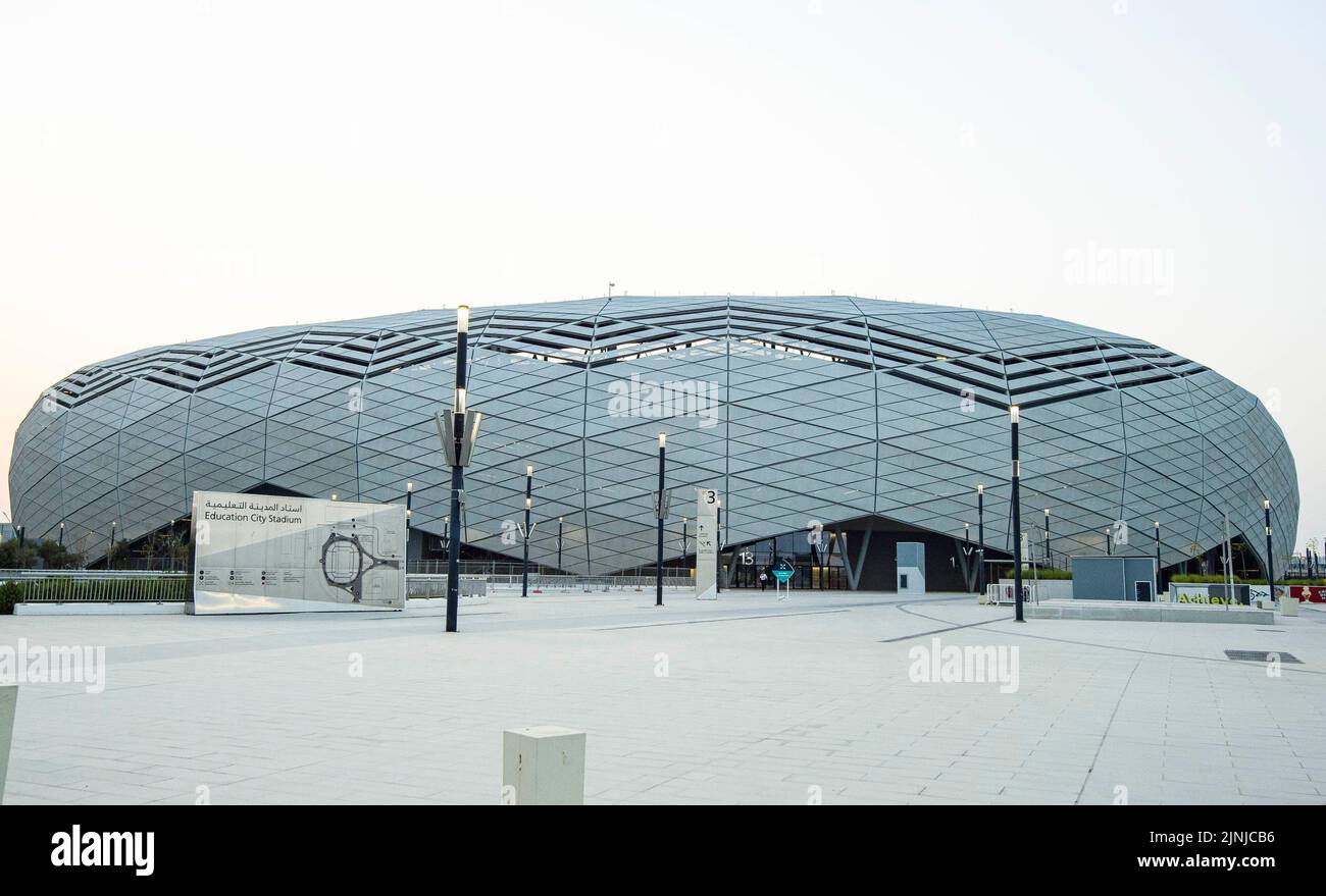 Doha. 7th Aug, 2022. Photo taken on Aug. 7, 2022 shows the exterior view of Education City Stadium which will host the 2022 FIFA World Cup matches in Doha, Qatar. Credit: Nikku/Xinhua/Alamy Live News Stock Photo