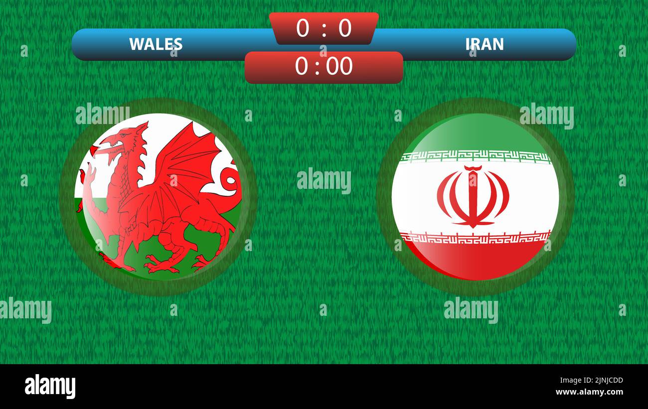 Wales vs Iran scoreboard template for soccer tournament 2022 in Qatar. Group A match. Vector illustration. Sport template. Stock Vector