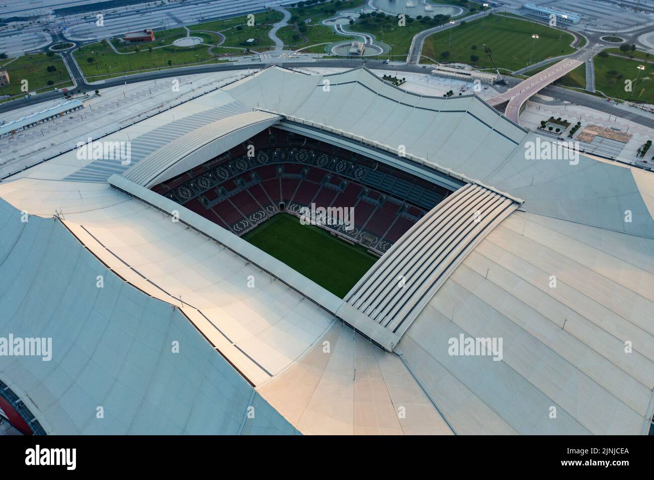 Doha. 12th Aug, 2022. Photo taken on Aug. 30, 2021 shows the aerial view of Al Bayt Stadium which will host the 2022 FIFA World Cup matches in Doha, Qatar. Credit: Xinhua/Alamy Live News Stock Photo