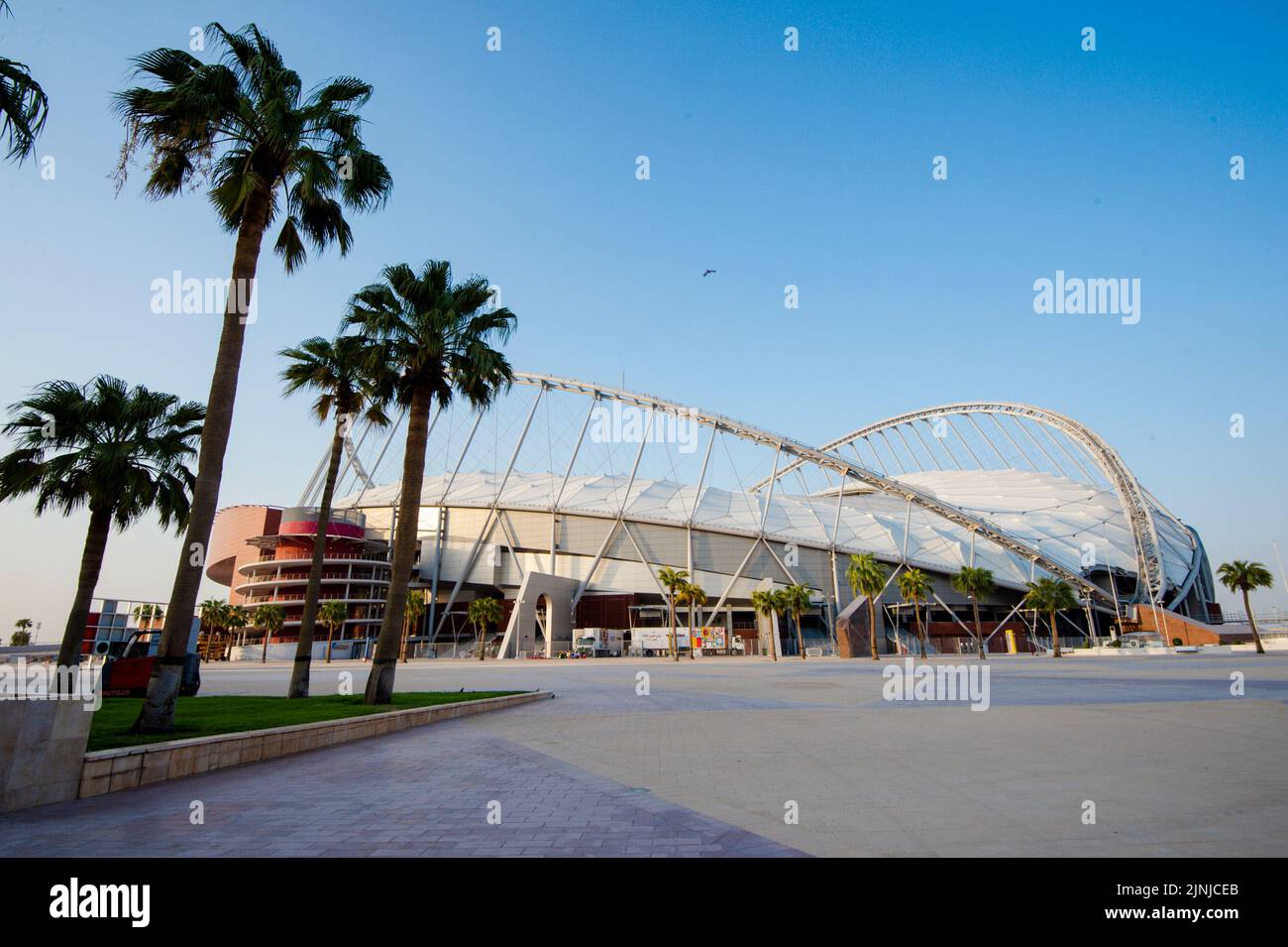 Doha. 8th Aug, 2022. Photo taken on Aug. 8, 2022 shows the exterior view of Khalifa International Stadium which will host the 2022 FIFA World Cup matches in Doha, Qatar. Credit: Nikku/Xinhua/Alamy Live News Stock Photo