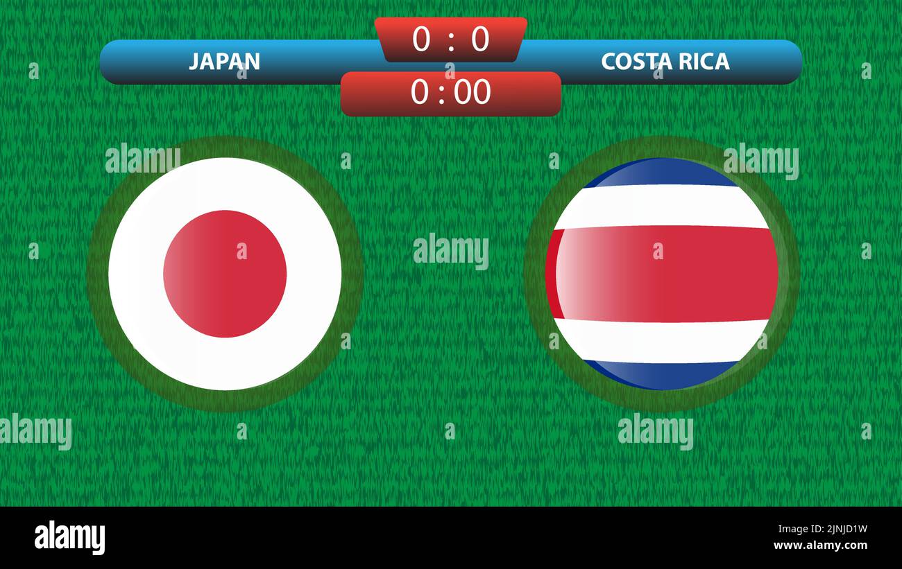 Japan vs Costa Rica scoreboard template for soccer tournament 2022 in Qatar. Group A match. Vector illustration. Sport template. Stock Vector