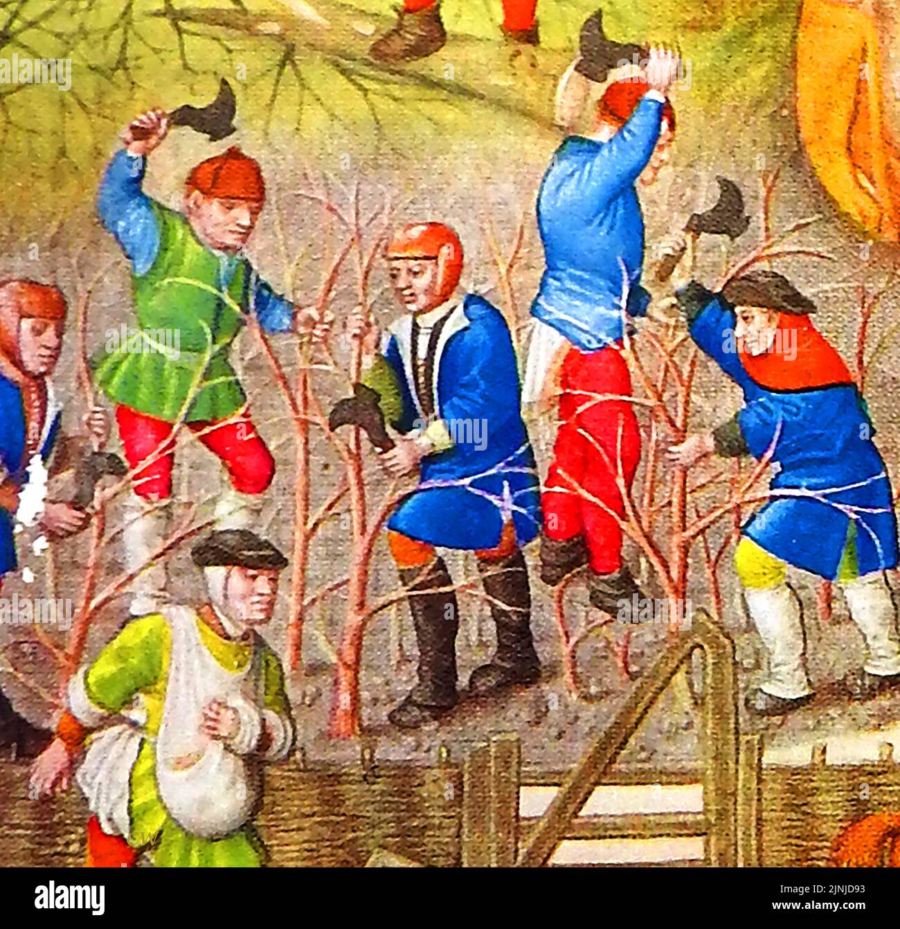 An early British colour illustration of hurdle fence makers on a medieval farm Stock Photo