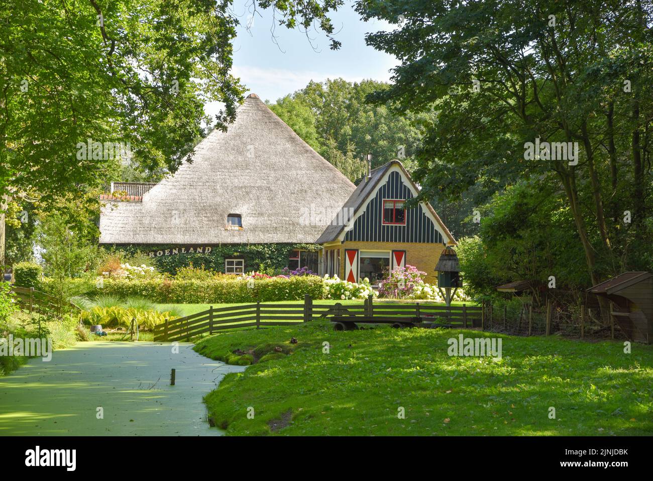 Breezand, Netherlands. August 2022. Dutch farmhouse with barn on a sunny day. High quality photo Stock Photo