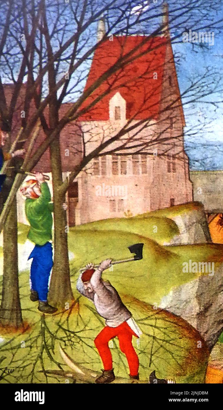 An early British colour illustration of woodcutters / foresters on a medieval farm. Stock Photo