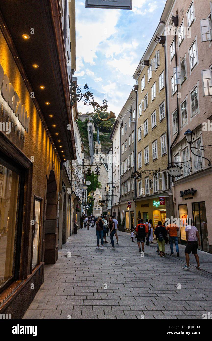 pedestrian zone in old town (altstadt) center, Salzburg in Austria ...