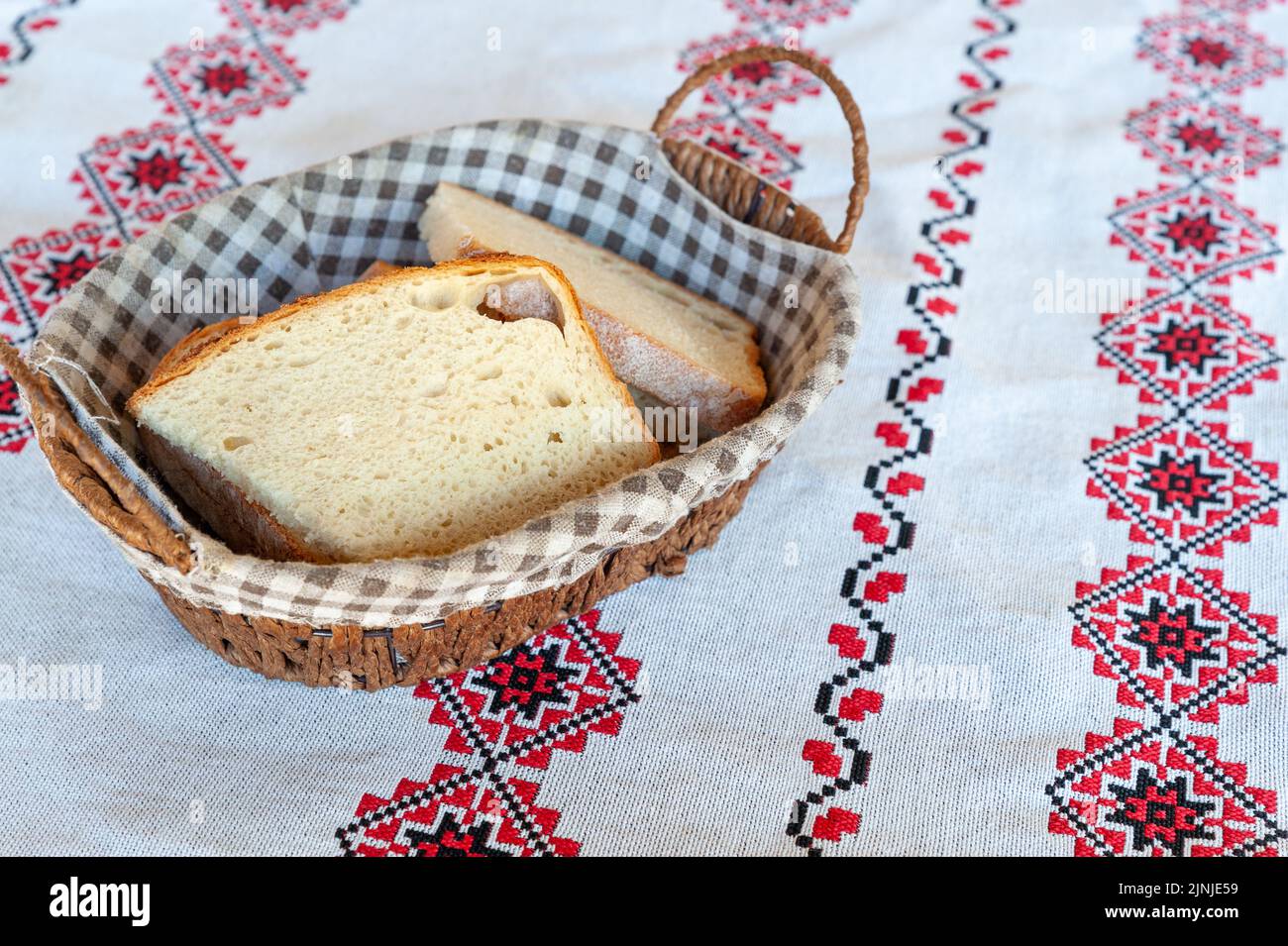 sliced bread in basket on a table cloth Stock Photo
