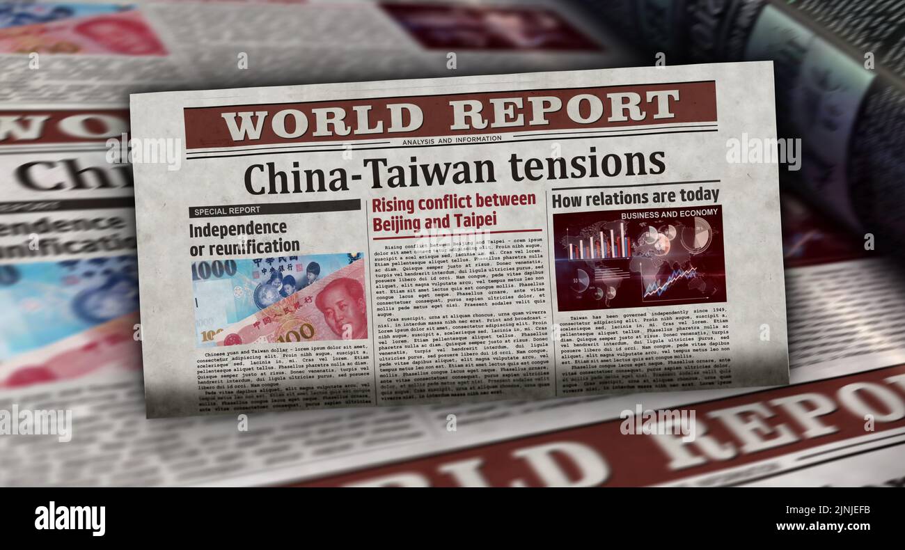 China and Taiwan tensions, conflict and crisis. Newspaper print. Vintage press abstract concept. Retro 3d rendering illustration. Stock Photo