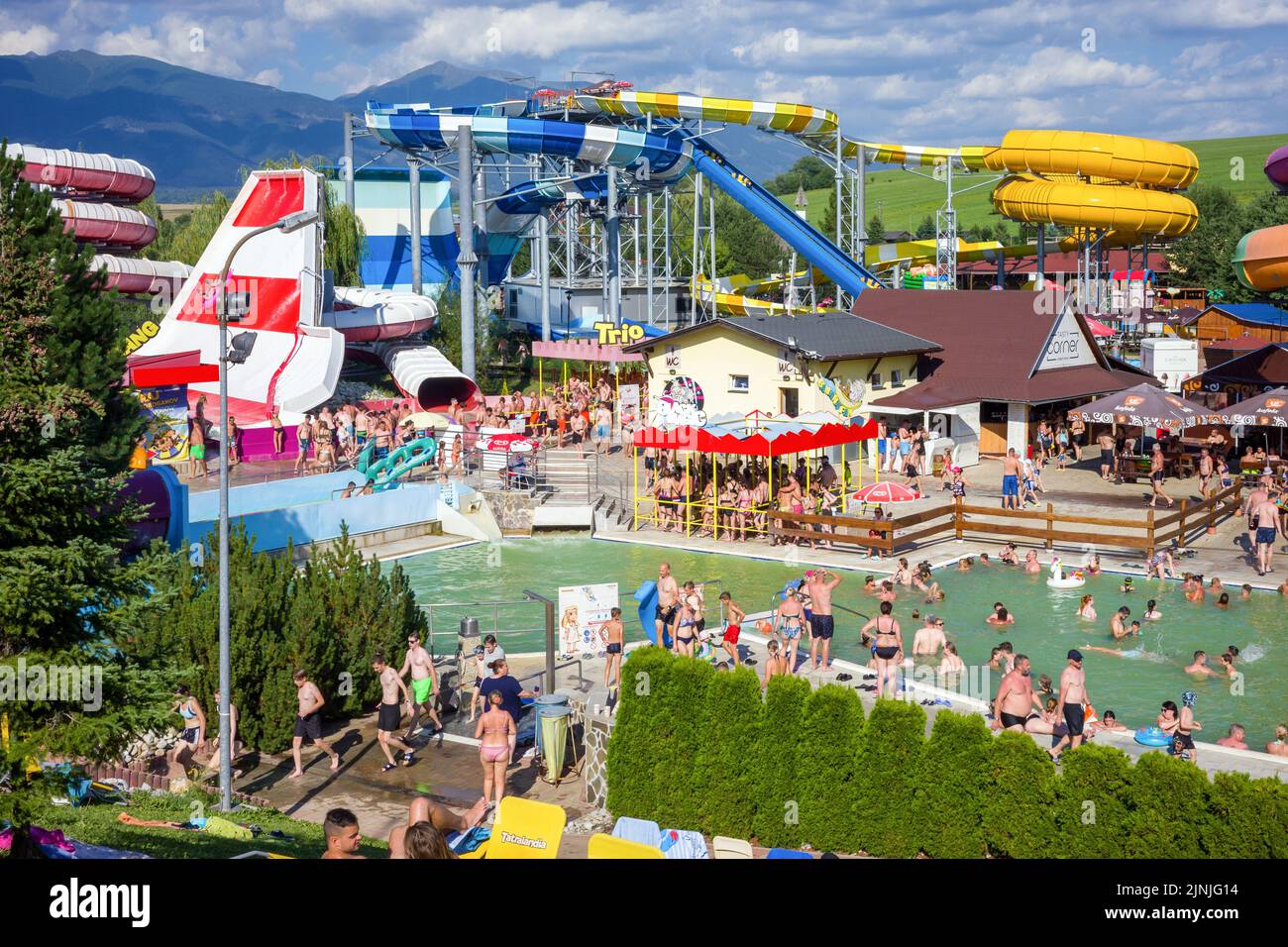 Liptovsky Mikulas, Slovakia - August 4, 2022: Colorful water slides in aquapark Tatralandia in town Liptovsky Mikulas at Slovakia Stock Photo