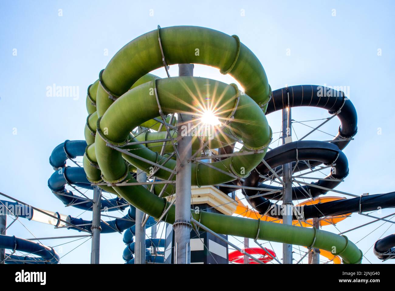 Colorful water slides in aqua park Stock Photo
