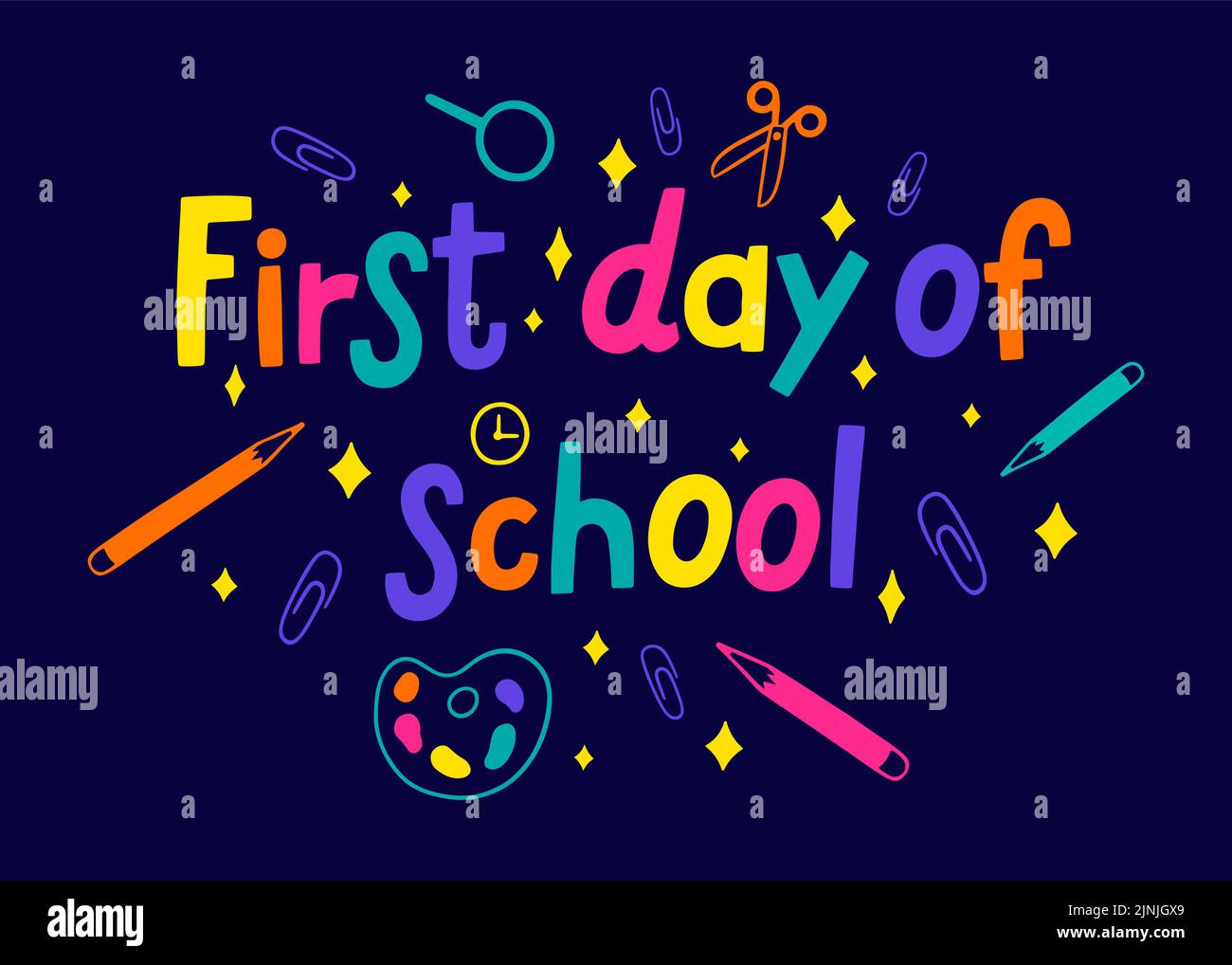 Hand drawn first day at school template Vector illustration Stock