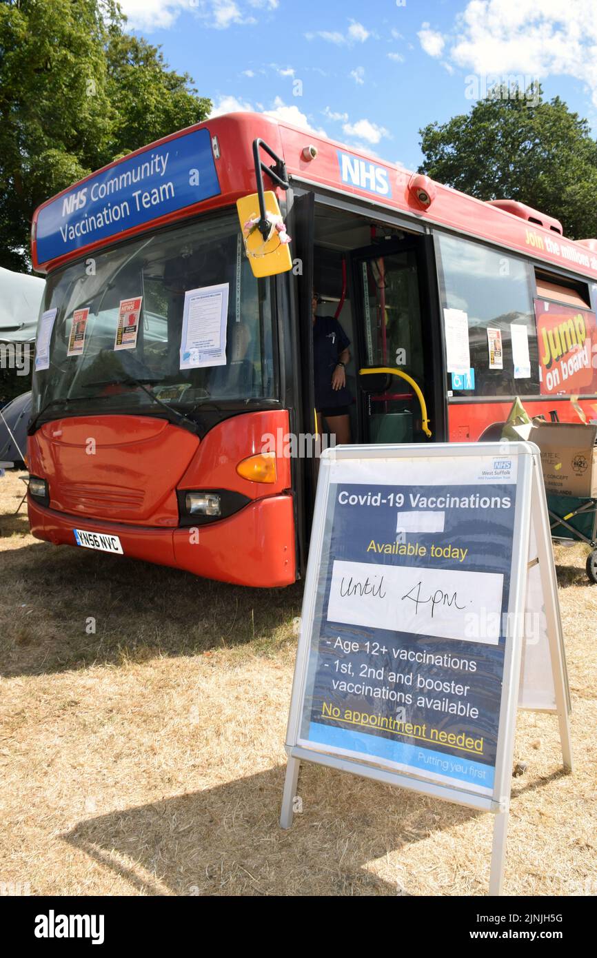 Latitude Festival July 2022, Henham Park, Suffolk, UK. NHS bus offering Covid-19 vaccinations Stock Photo