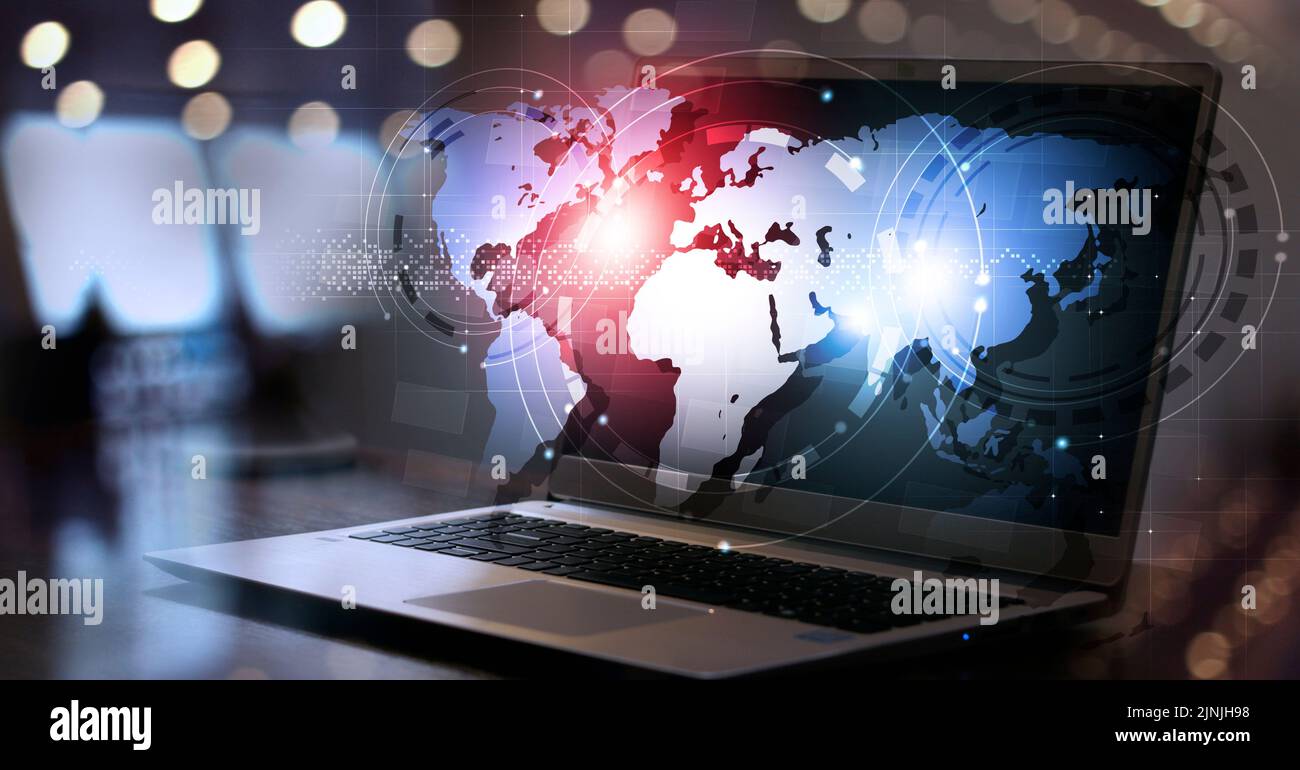 web global connections and communications, business smart interface laptop background. mixed media banner Stock Photo