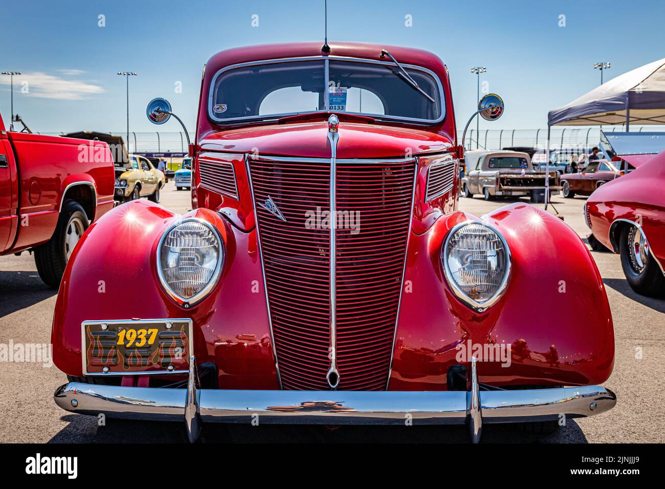 Lebanon, TN May 13, 2022 Low perspective front view of a 1937 Ford