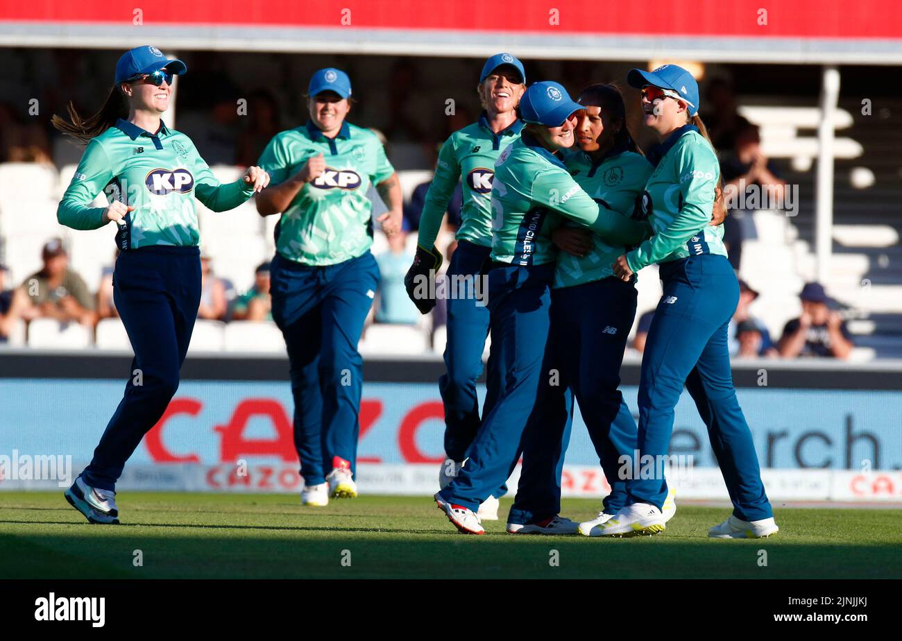 LONDON ENGLAND - AUGUST  11 : Shabnim Ismail of Oval Invincibles Women celebrates after bowling out Hollie Armitage during The Hundred Women match bet Stock Photo