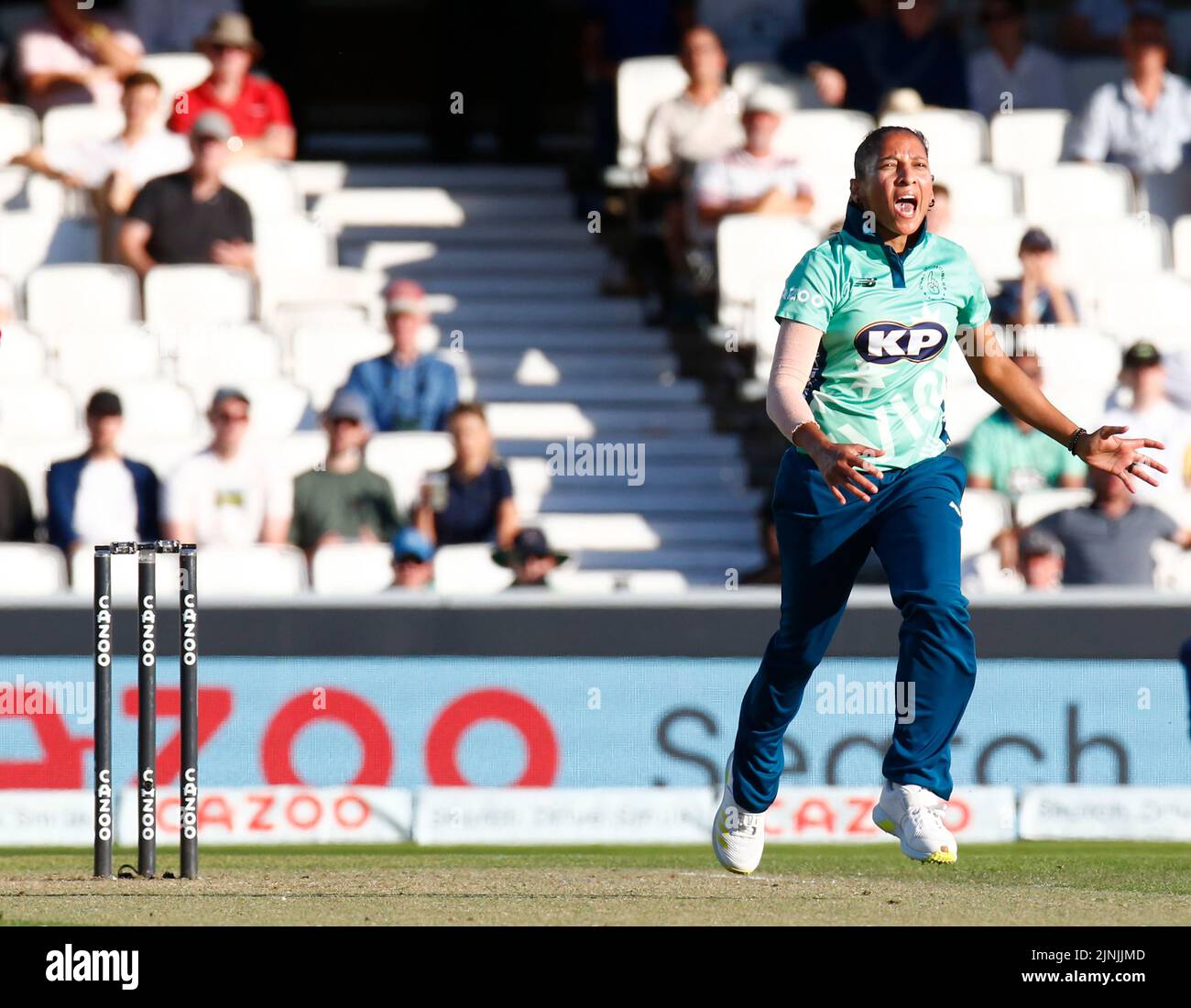 LONDON ENGLAND - AUGUST  11 :Shabnim Ismail  celebrates after bowling out Hollie Armitage during The Hundred Women match between Oval Invincible's Wom Stock Photo