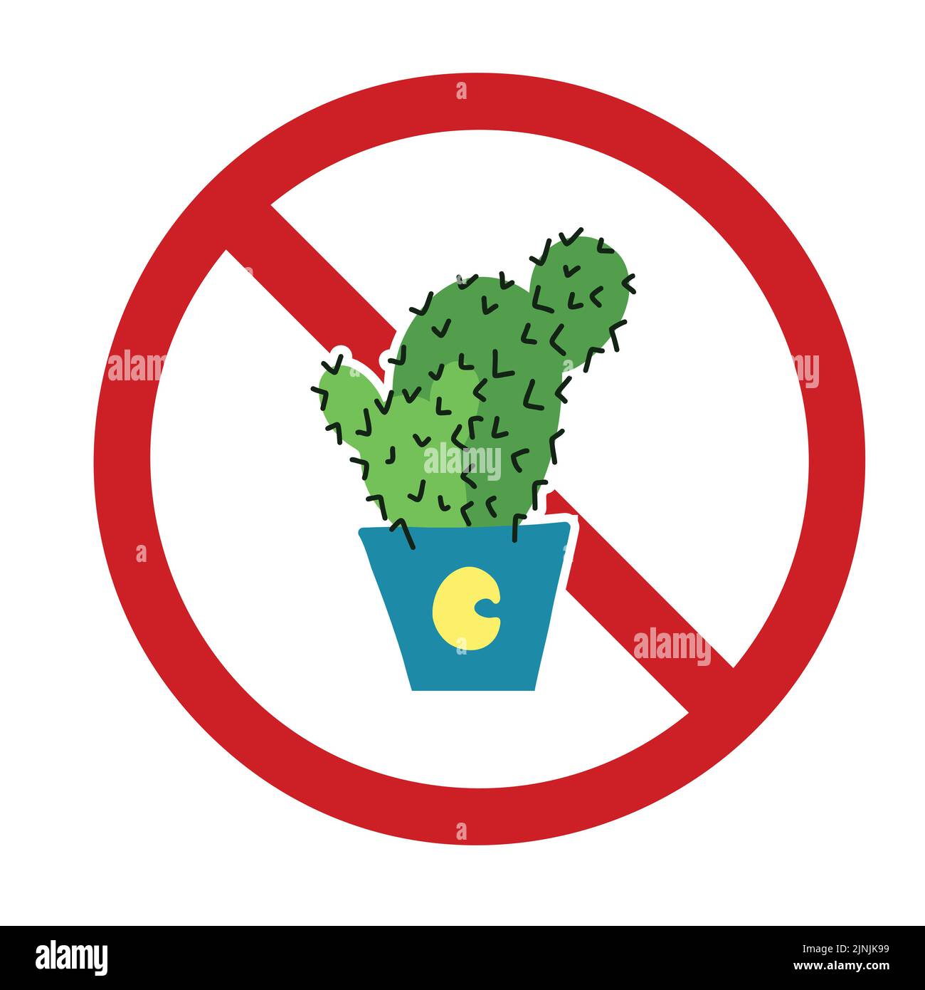 Vector prohibition sign with a cactus in a pot. Do not touch thorny