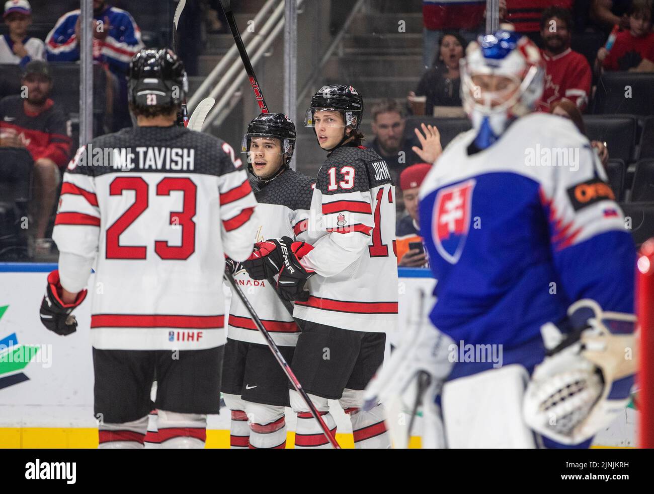 Canada's Mason McTavish (23), Logan Stankoven (10) and Kent Johnson (13