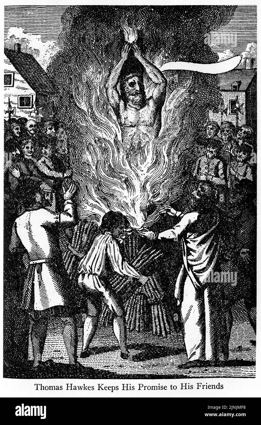 Engraving of the English protestant martyr Thomas Hawkes  who burned to death in 1555 during the Marian Persecutions rather than allow his son to be baptised into the Roman Catholic Church. He is reported to have said: '... if I had a hundred bodies I would suffer them all to be torn in pieces rather than I will abjure and recant.' He was sentenced to be burnt at the stake in Coggeshall, Essex. As he burned, Hawkes threw up his hands and clapped them three times, a sign to his friends that the pain could be endured. Stock Photo