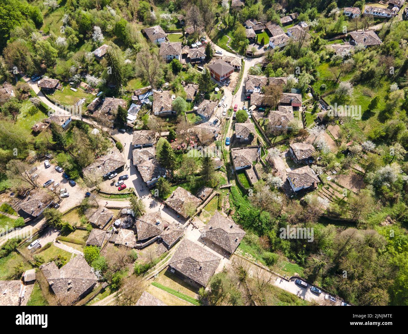 Aerial Spring view of village of Bozhentsi, Gabrovo region, Bulgaria ...