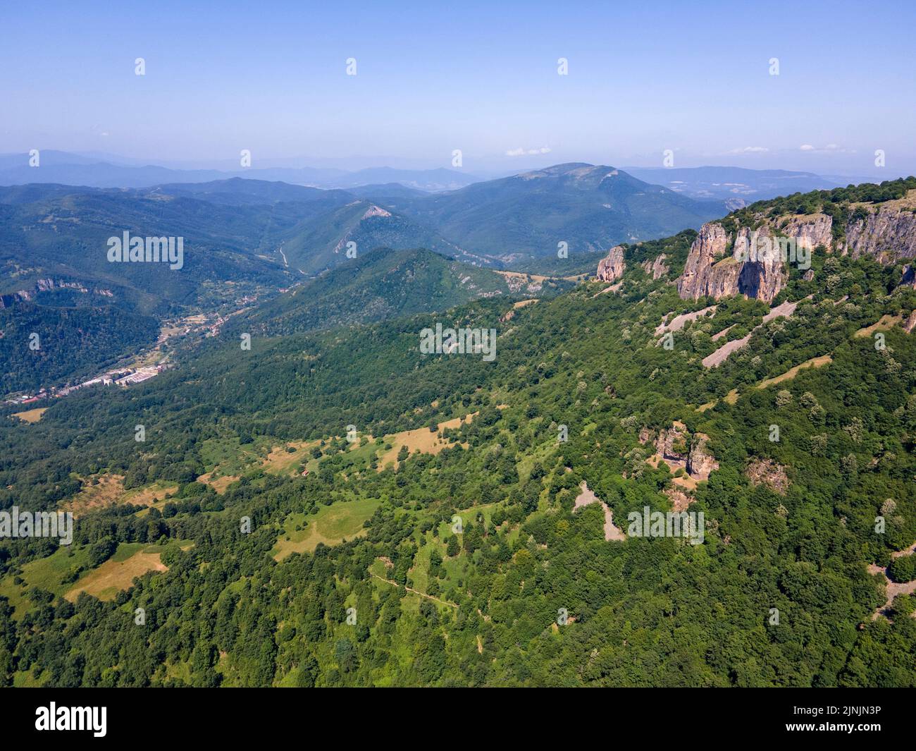 Aerial view of Balkan Mountain near town of Teteven, Lovech region ...