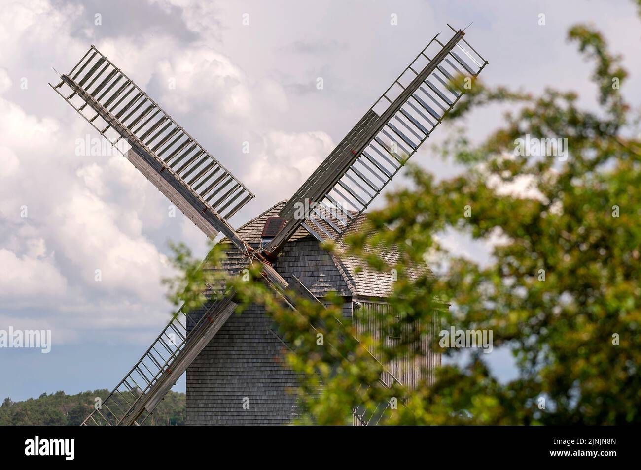 Historic post windmill Storkow, Germany, Brandenburg, Uckermark Stock Photo