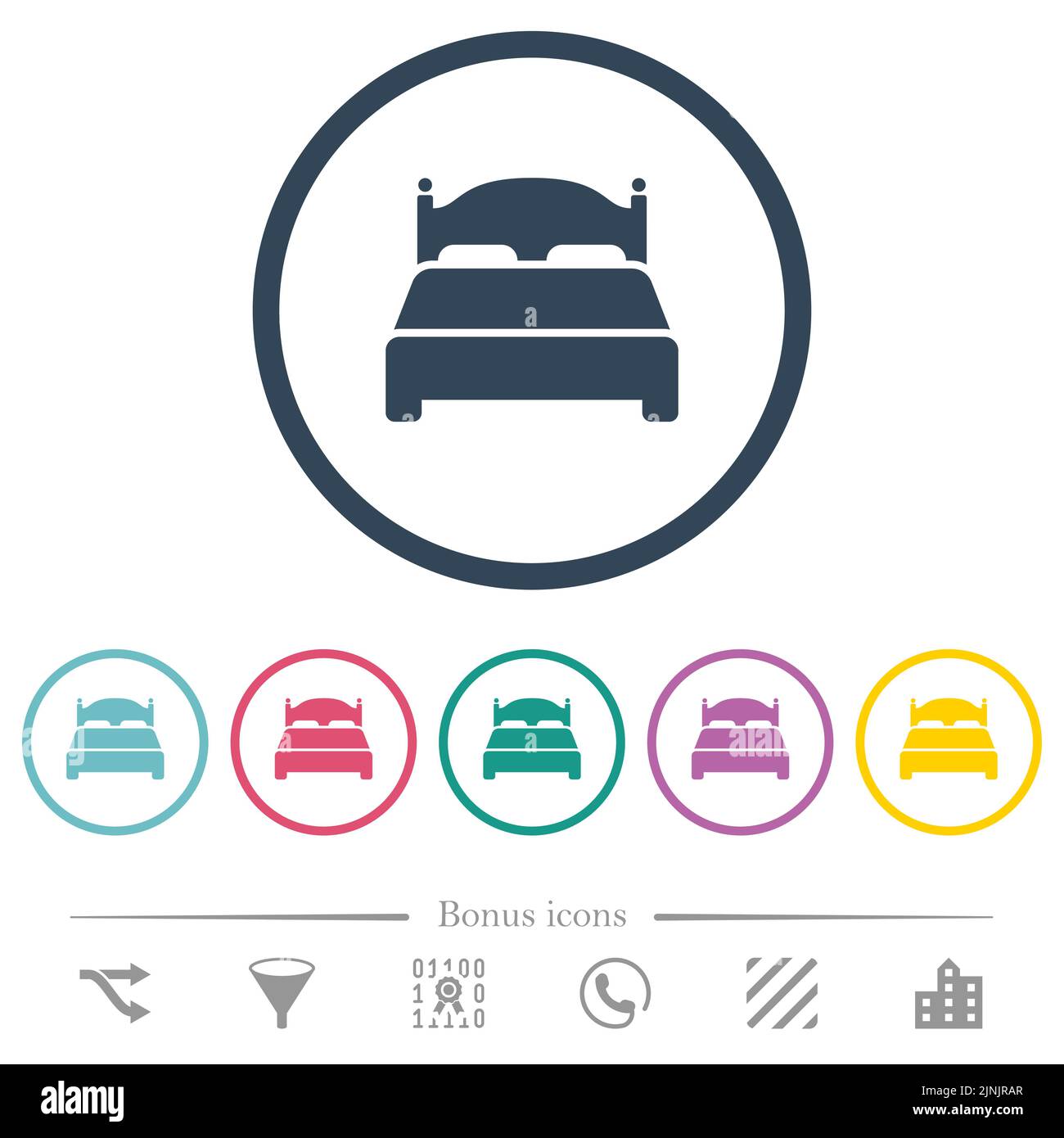 Double bed flat color icons in round outlines. 6 bonus icons included ...
